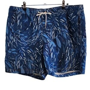 Lands' End Blue Fish Themed Swim Trunks with Pockets Drawstring Men's Large